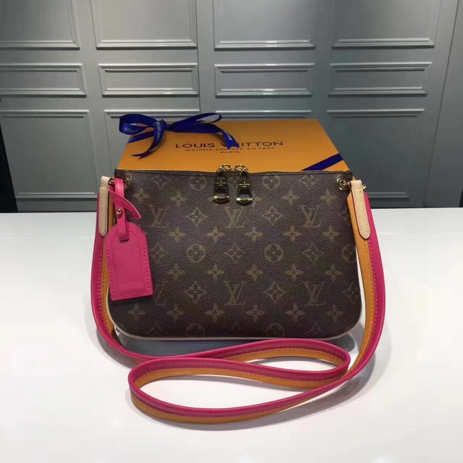 mini pochette , brown leather with pink orange strap monogram